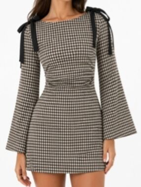 Cider Houndstooth Tie-Shoulder Mini Dress in Black and Cream 4XL New